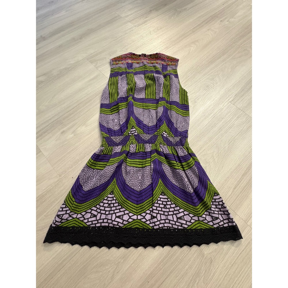 Custo Barcelona Mini Dress Women Purple Green Mosaic Print Beaded Smocked Size 1 - Picture 3 of 16
